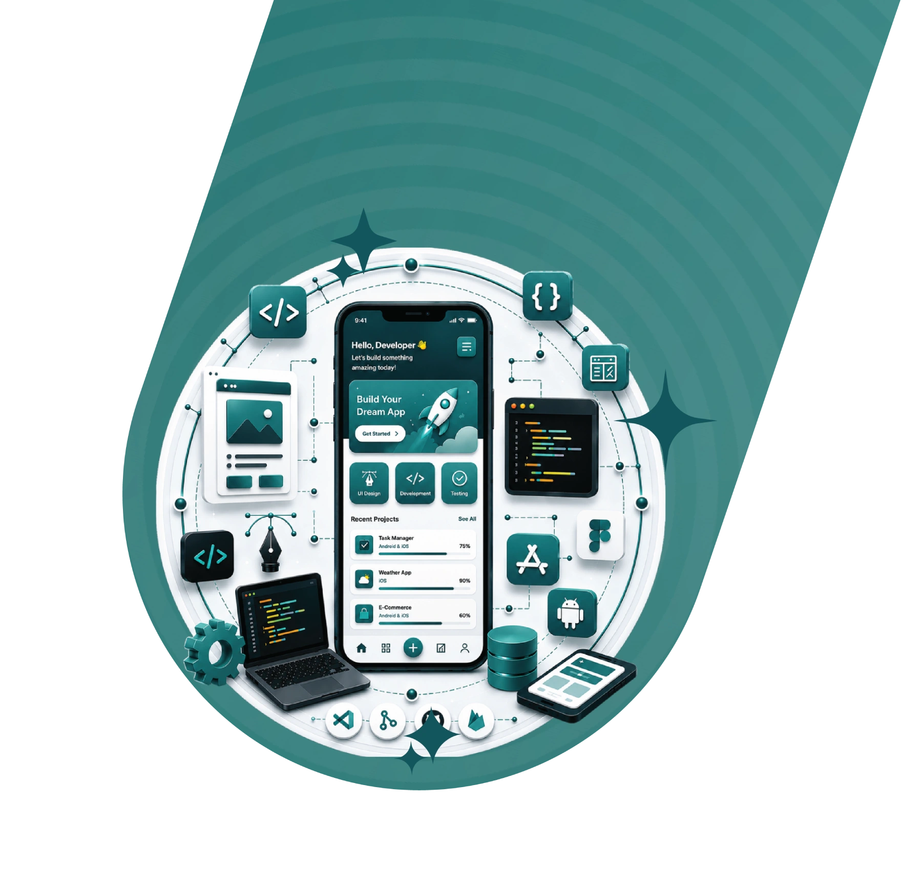 App development services illustration with mobile platform icons