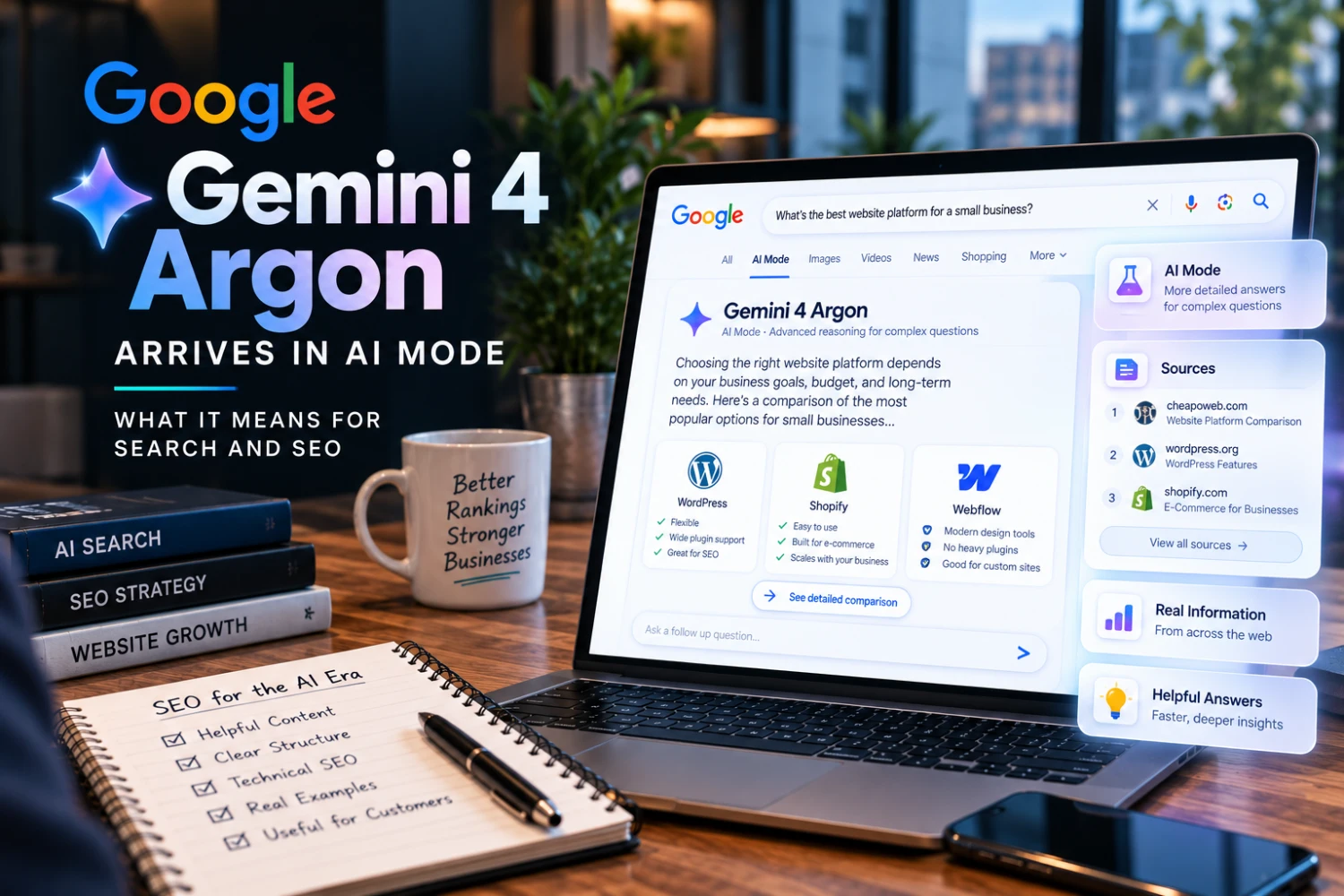 Abstract AI search interface representing Gemini 4 Argon and Google AI Mode