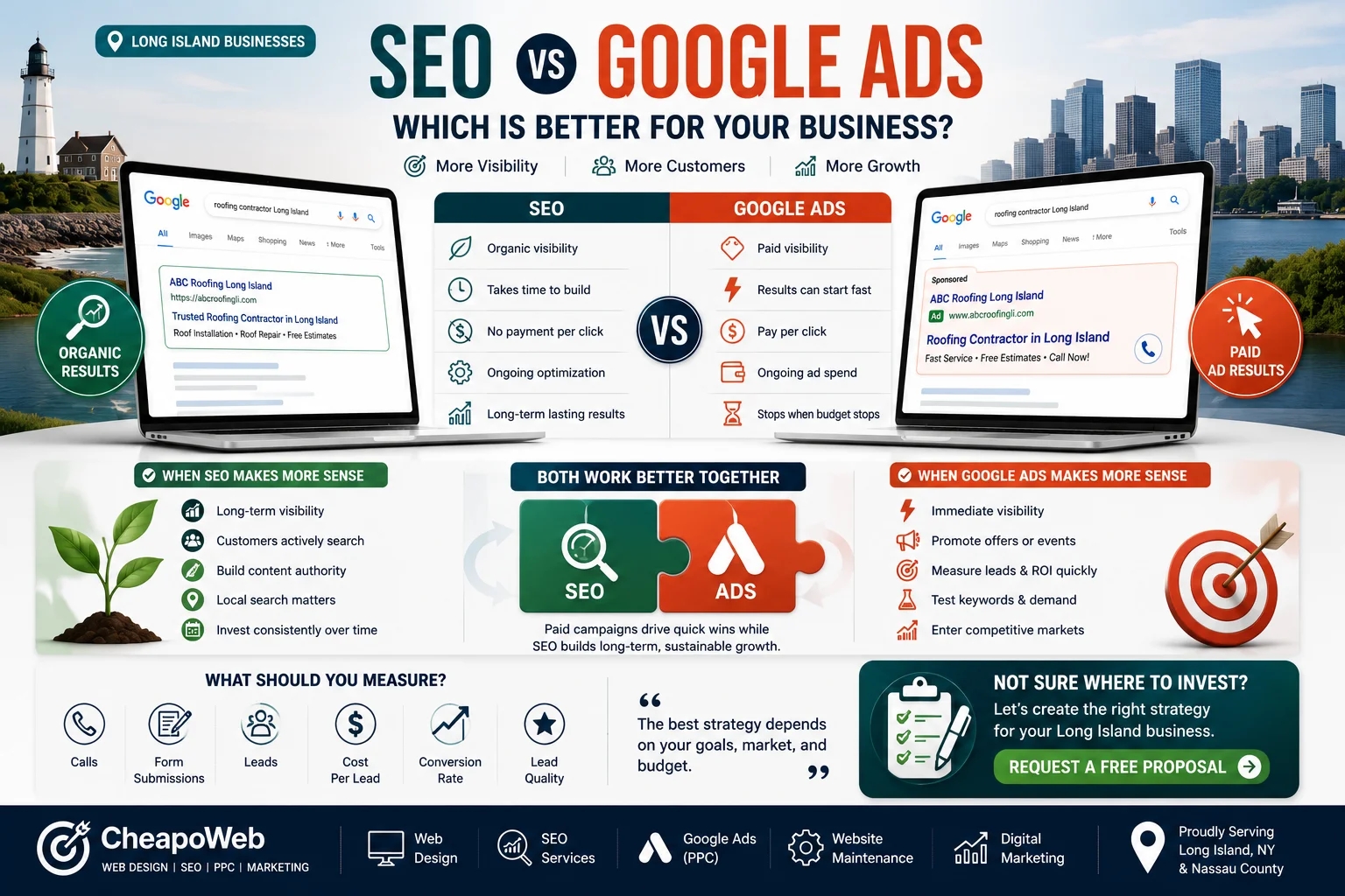 SEO vs Google Ads comparison for Long Island small businesses