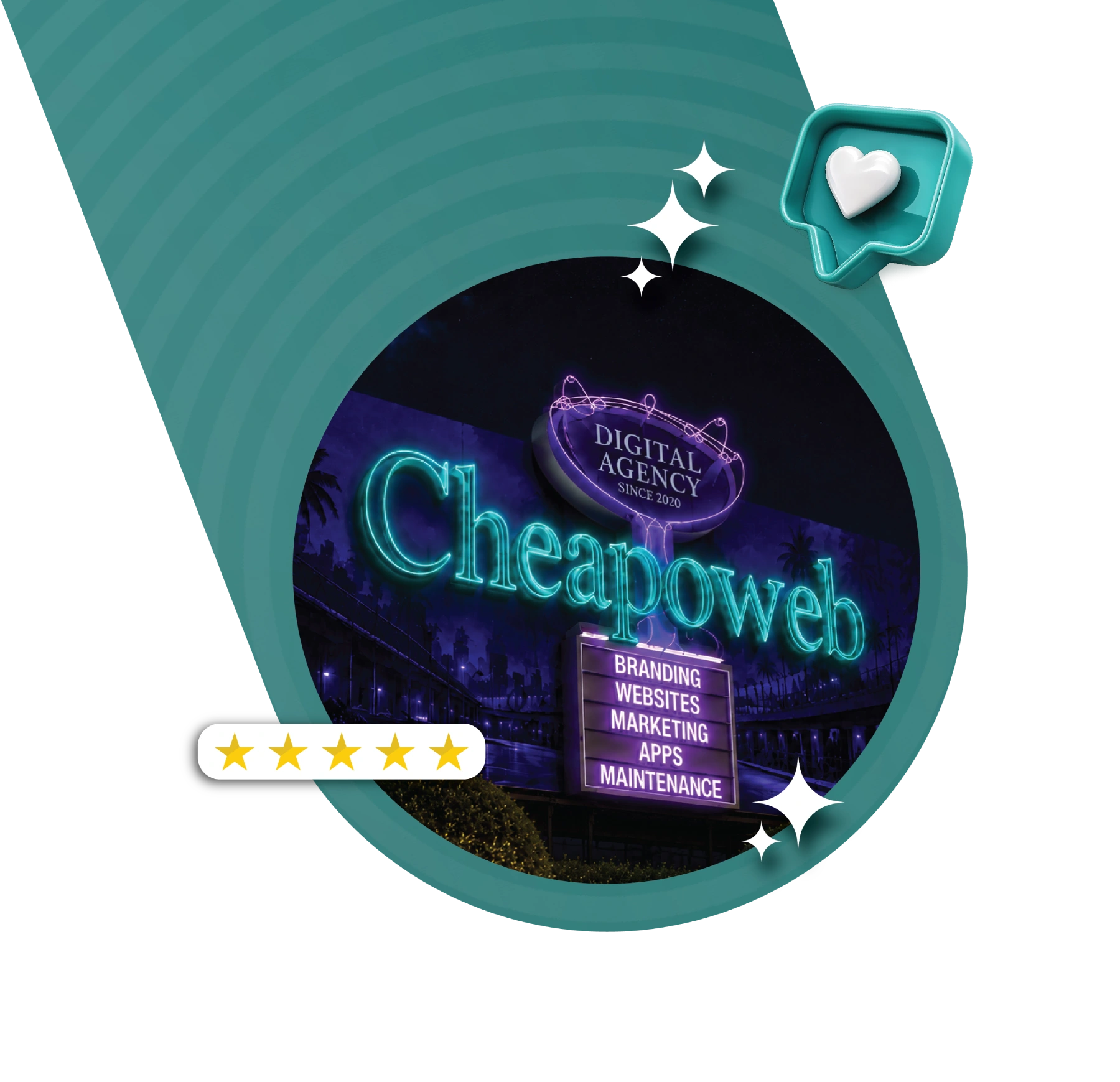 Cheapoweb digital agency neon sign showcasing branding, websites, marketing, apps, and maintenance services