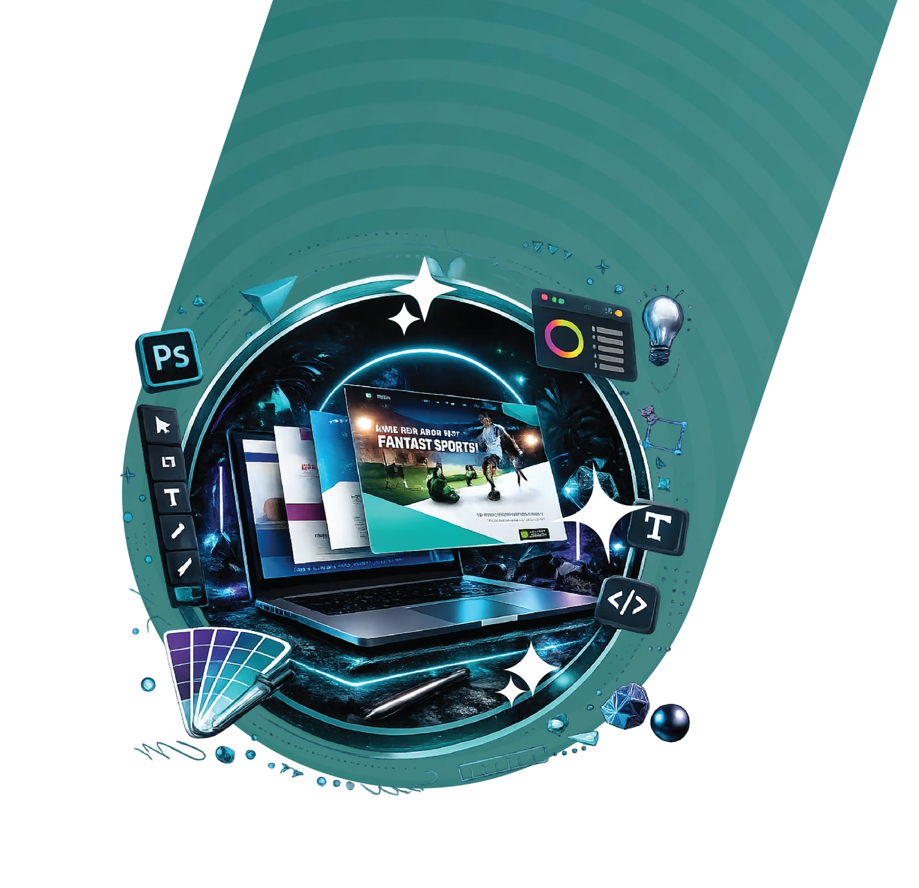 Web design services illustration with development tools and technology icons