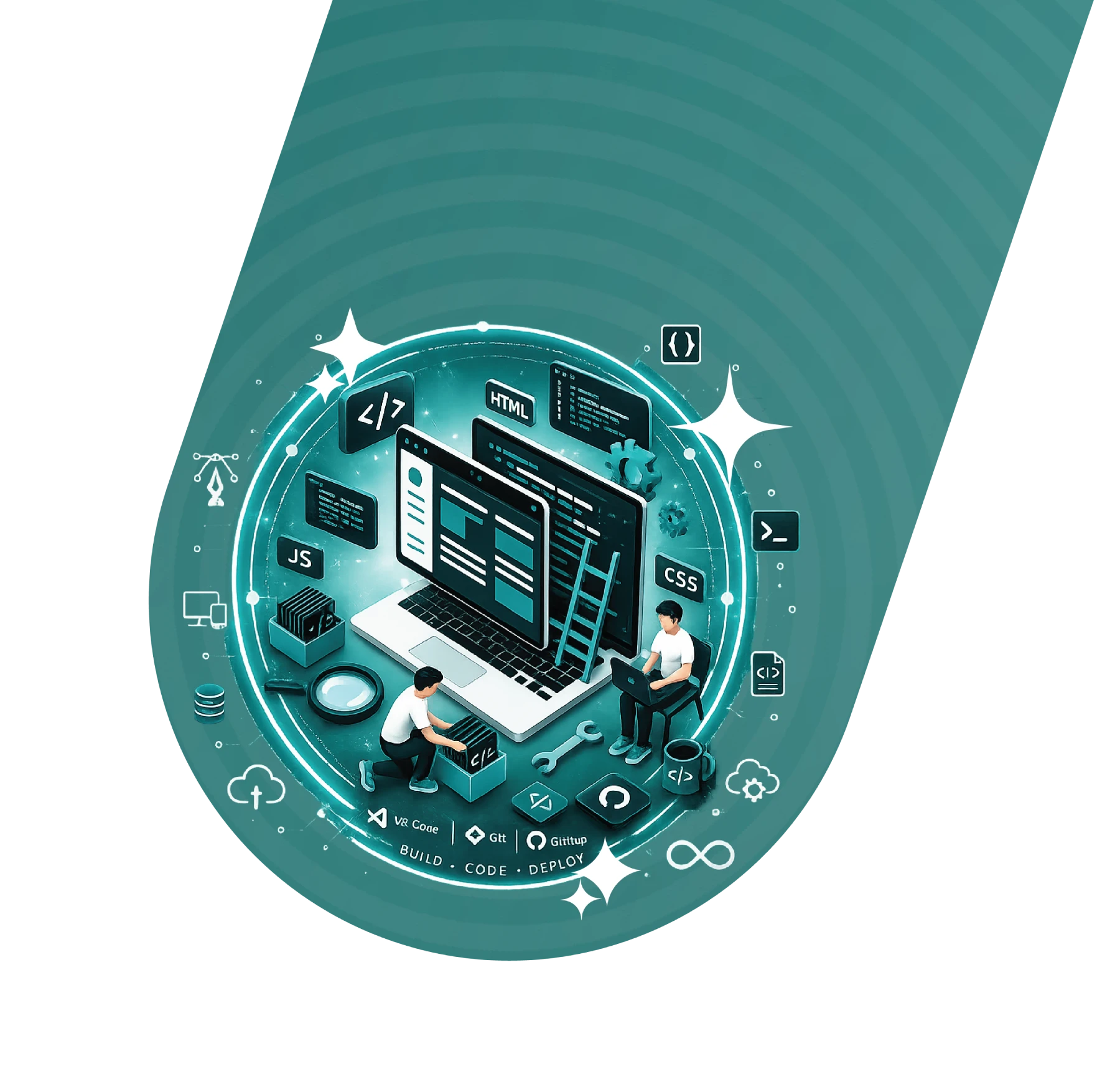Web development services illustration with platform and technology icons